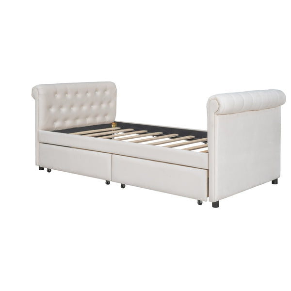 HomeRoots Beige Tufted Linen Twin Day Bed with Drawers - Elegant Multi-Functional Sofa-Bed for Any Room 663598