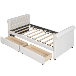 HomeRoots Beige Tufted Linen Twin Day Bed with Drawers - Elegant Multi-Functional Sofa-Bed for Any Room 663598
