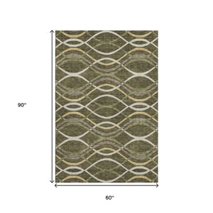 HomeRoots 5' X 8' Olive Green Ivory Gold Abstract Area Rug - Washable, Stain-Resistant, UV Protected Design 663599