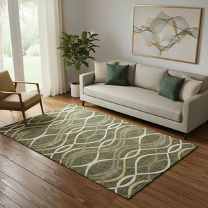 HomeRoots 5' X 8' Olive Green Ivory Gold Abstract Area Rug - Washable, Stain-Resistant, UV Protected Design 663599