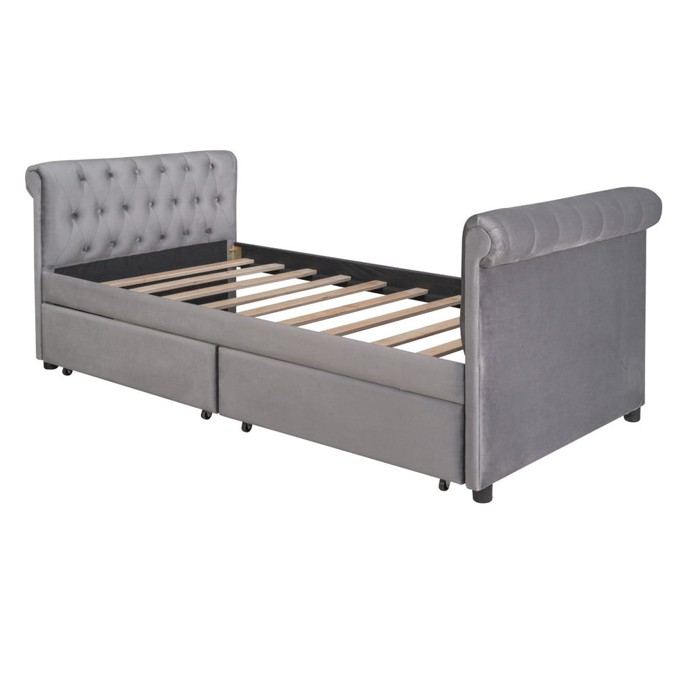 HomeRoots Gray Upholstered Twin Day Bed with Drawers - Stylish Linen Design for Versatile Comfort & Storage 663600