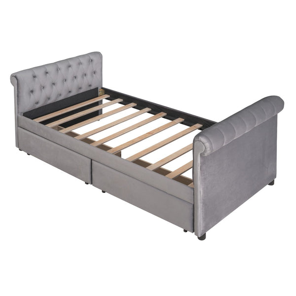 HomeRoots Gray Upholstered Twin Day Bed with Drawers - Stylish Linen Design for Versatile Comfort & Storage 663600