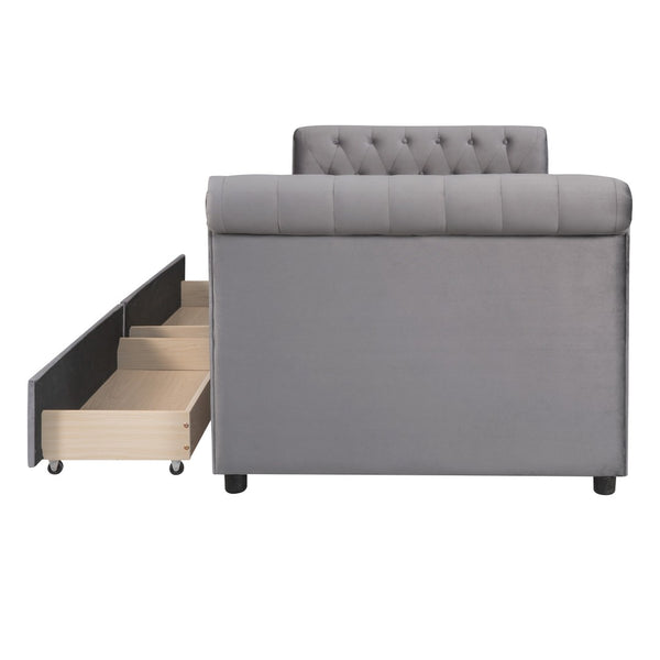 HomeRoots Gray Upholstered Twin Day Bed with Drawers - Stylish Linen Design for Versatile Comfort & Storage 663600