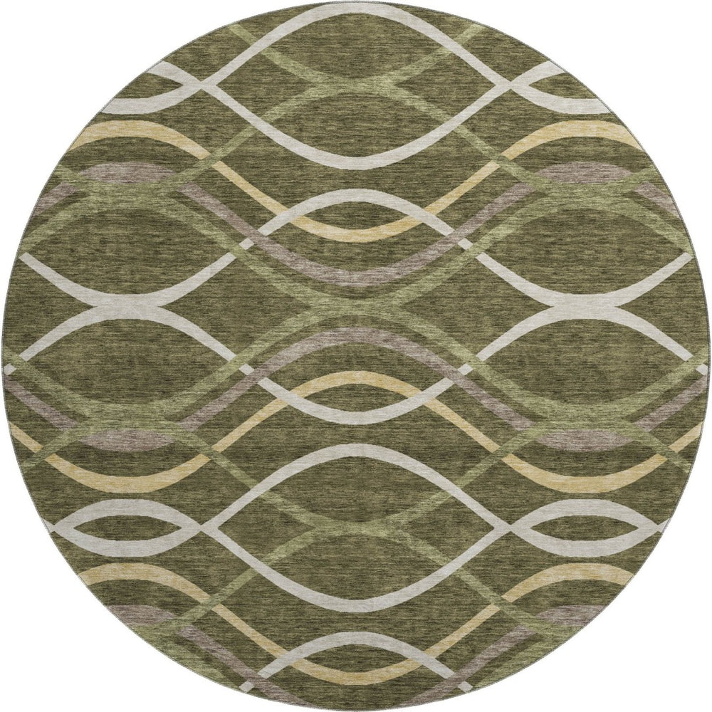 HomeRoots 8' Olive Green Abstract Round Rug - Stylish, Washable, UV-Protected, and Durable for Modern Homes 663601