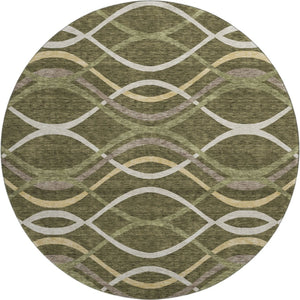 HomeRoots 8' Olive Green Abstract Round Rug - Stylish, Washable, UV-Protected, and Durable for Modern Homes 663601