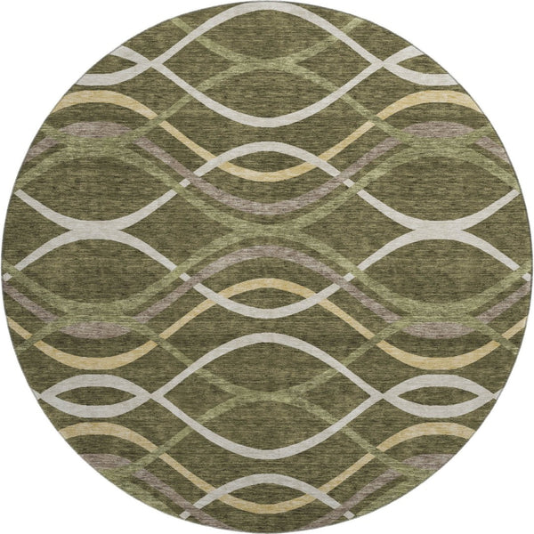 HomeRoots 8' Olive Green Abstract Round Rug - Stylish, Washable, UV-Protected, and Durable for Modern Homes 663601