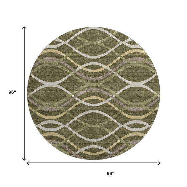 HomeRoots 8' Olive Green Abstract Round Rug - Stylish, Washable, UV-Protected, and Durable for Modern Homes 663601