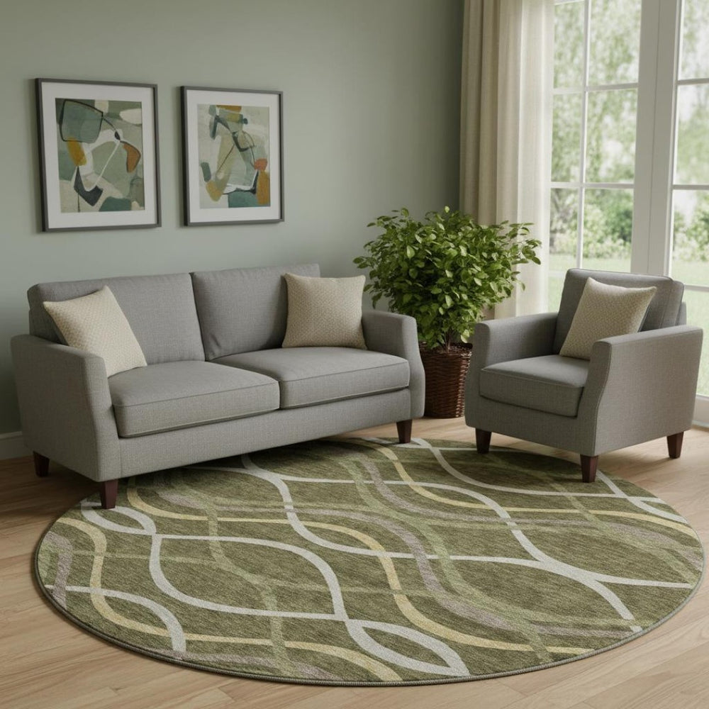 HomeRoots 8' Olive Green Abstract Round Rug - Stylish, Washable, UV-Protected, and Durable for Modern Homes 663601