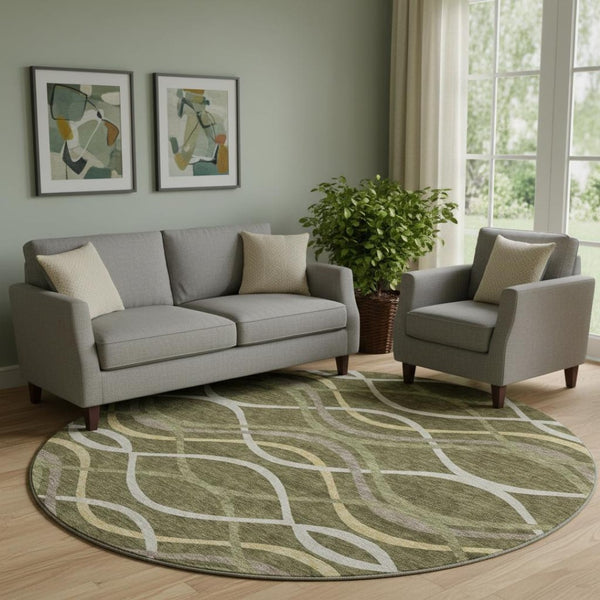 HomeRoots 8' Olive Green Abstract Round Rug - Stylish, Washable, UV-Protected, and Durable for Modern Homes 663601