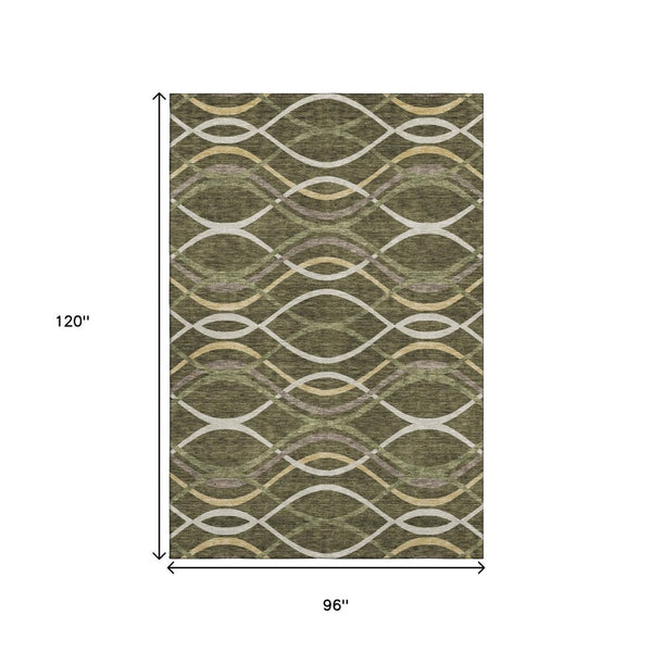 HomeRoots 8' X 10' Washable Olive Green, Ivory & Gold Abstract Area Rug with UV Protection for Active Homes 663602