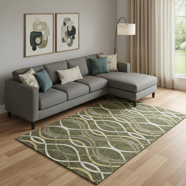 HomeRoots 8' X 10' Washable Olive Green, Ivory & Gold Abstract Area Rug with UV Protection for Active Homes 663602