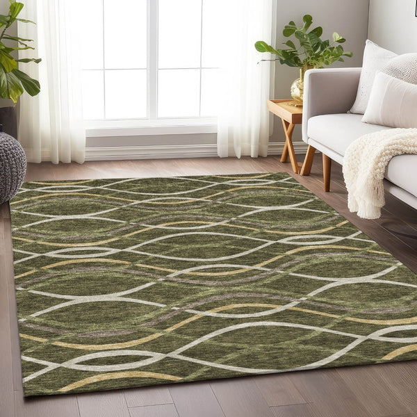 HomeRoots 8' X 10' Washable Olive Green, Ivory & Gold Abstract Area Rug with UV Protection for Active Homes 663602