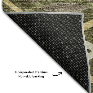 HomeRoots 8' X 10' Washable Olive Green, Ivory & Gold Abstract Area Rug with UV Protection for Active Homes 663602