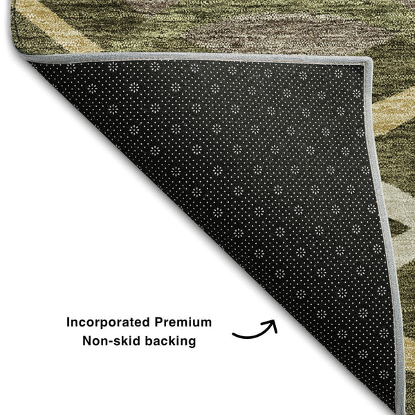 HomeRoots 8' X 10' Washable Olive Green, Ivory & Gold Abstract Area Rug with UV Protection for Active Homes 663602