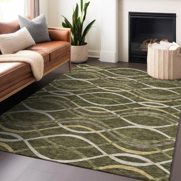 HomeRoots 8' X 10' Washable Olive Green, Ivory & Gold Abstract Area Rug with UV Protection for Active Homes 663602