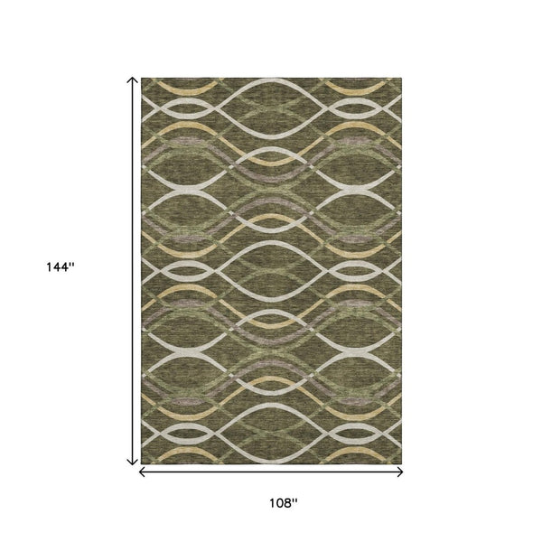 HomeRoots 9' X 12' Olive Green, Ivory & Gold Abstract Area Rug - Washable, UV-Protected, Pet-Friendly Decor 663603