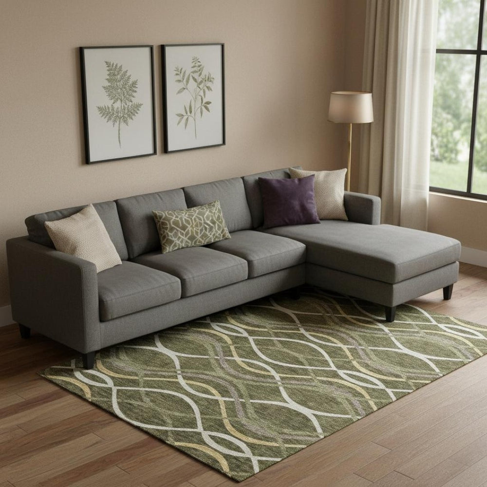 HomeRoots 9' X 12' Olive Green, Ivory & Gold Abstract Area Rug - Washable, UV-Protected, Pet-Friendly Decor 663603