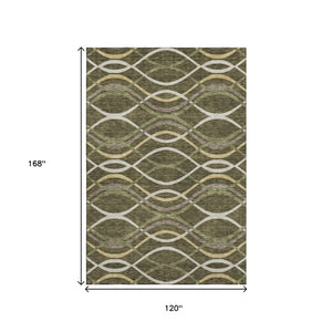 HomeRoots 10' X 14' Olive Green, Ivory & Gold Abstract Area Rug - Washable, UV-Protected, Durable Style for Homes 663604