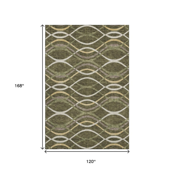 HomeRoots 10' X 14' Olive Green, Ivory & Gold Abstract Area Rug - Washable, UV-Protected, Durable Style for Homes 663604