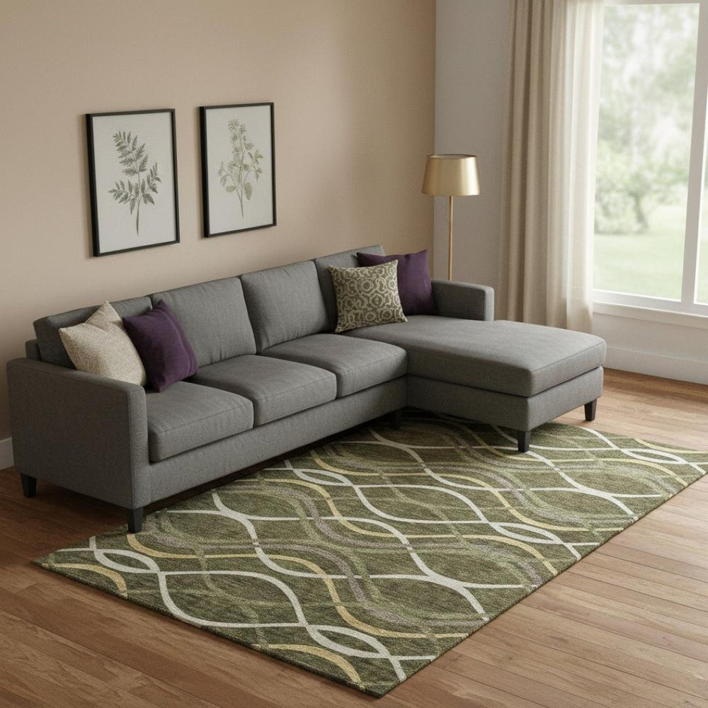HomeRoots 10' X 14' Olive Green, Ivory & Gold Abstract Area Rug - Washable, UV-Protected, Durable Style for Homes 663604