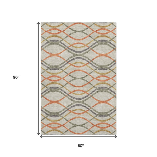 HomeRoots 5' X 8' Vibrant Orange Ivory Gold Abstract Area Rug - Washable, UV Protection, Stain Resistant Style! 663606
