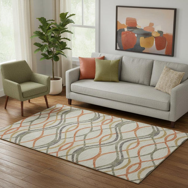 HomeRoots 5' X 8' Vibrant Orange Ivory Gold Abstract Area Rug - Washable, UV Protection, Stain Resistant Style! 663606