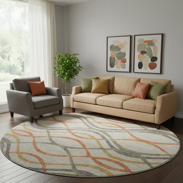 HomeRoots 8' Stylish Orange, Ivory & Gold Abstract Washable Round Rug with Stain Resistance & UV Protection 663607
