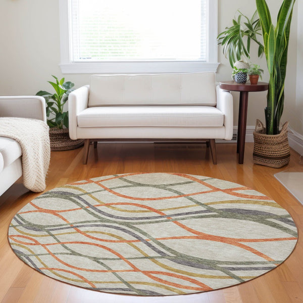 HomeRoots 8' Stylish Orange, Ivory & Gold Abstract Washable Round Rug with Stain Resistance & UV Protection 663607