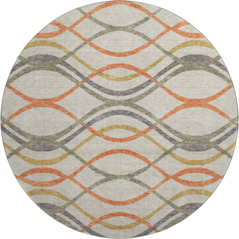 HomeRoots 8' Stylish Orange, Ivory & Gold Abstract Washable Round Rug with Stain Resistance & UV Protection 663607