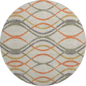 HomeRoots 8' Stylish Orange, Ivory & Gold Abstract Washable Round Rug with Stain Resistance & UV Protection 663607