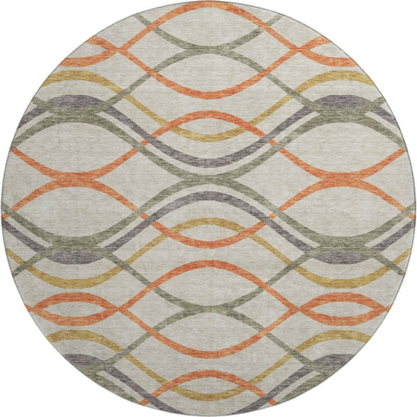 HomeRoots 8' Stylish Orange, Ivory & Gold Abstract Washable Round Rug with Stain Resistance & UV Protection 663607