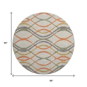 HomeRoots 8' Stylish Orange, Ivory & Gold Abstract Washable Round Rug with Stain Resistance & UV Protection 663607