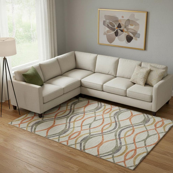 HomeRoots 8' X 10' Vibrant Orange Ivory Gold Abstract Washable Area Rug for Modern Spaces with UV Protection 663608