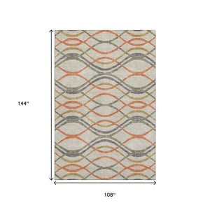HomeRoots 9' X 12' Vibrant Orange Ivory Gold Abstract Washable Area Rug - UV Protected & Stain Resistant 663609