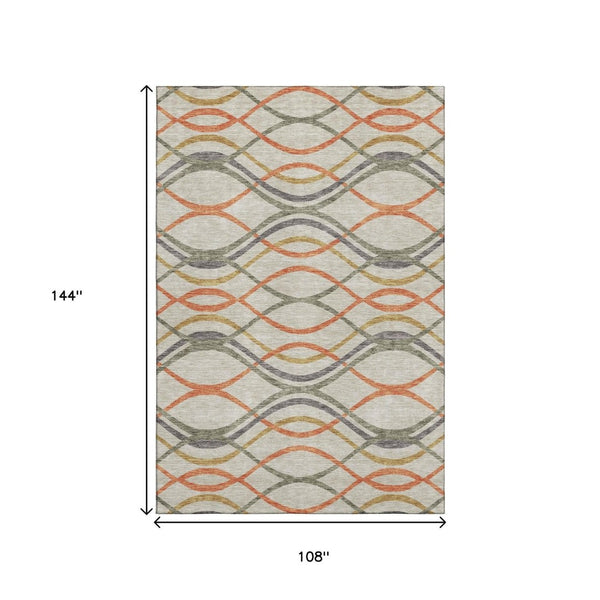 HomeRoots 9' X 12' Vibrant Orange Ivory Gold Abstract Washable Area Rug - UV Protected & Stain Resistant 663609