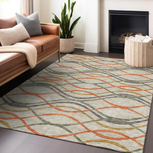 HomeRoots 9' X 12' Vibrant Orange Ivory Gold Abstract Washable Area Rug - UV Protected & Stain Resistant 663609