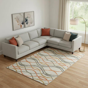 HomeRoots 10' Vibrant Orange, Ivory & Gold Abstract Washable Area Rug - UV Protected, Stain Resistant & Stylish 663610