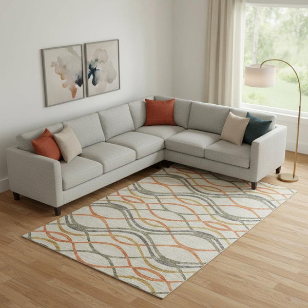 HomeRoots 10' Vibrant Orange, Ivory & Gold Abstract Washable Area Rug - UV Protected, Stain Resistant & Stylish 663610