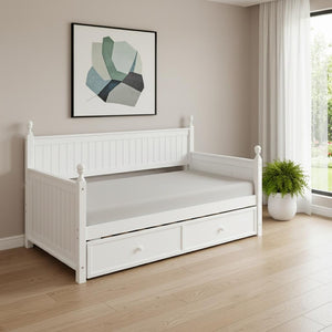 HomeRoots White Wood Twin Day Bed with Space-Saving Trundle, Stylish Seating & Comfortable Sleep Solution 663617