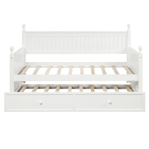 HomeRoots White Wood Twin Day Bed with Space-Saving Trundle, Stylish Seating & Comfortable Sleep Solution 663617