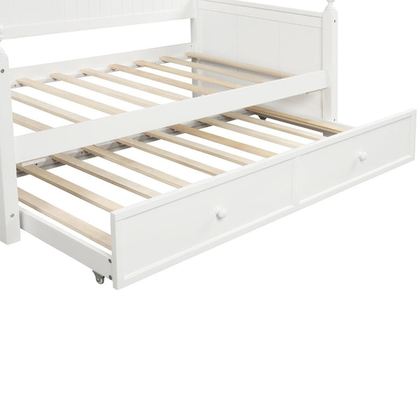 HomeRoots White Wood Twin Day Bed with Space-Saving Trundle, Stylish Seating & Comfortable Sleep Solution 663617