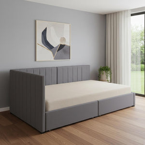 HomeRoots Gray Tufted Linen Day Bed with Storage Drawers - Elegant Twin Bed & Versatile Seating Solution 663625
