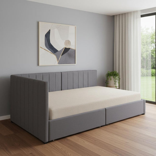 HomeRoots Gray Tufted Linen Day Bed with Storage Drawers - Elegant Twin Bed & Versatile Seating Solution 663625