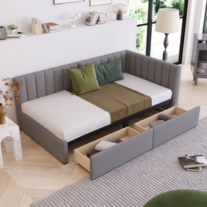 HomeRoots Gray Tufted Linen Day Bed with Storage Drawers - Elegant Twin Bed & Versatile Seating Solution 663625
