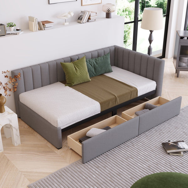 HomeRoots Gray Tufted Linen Day Bed with Storage Drawers - Elegant Twin Bed & Versatile Seating Solution 663625