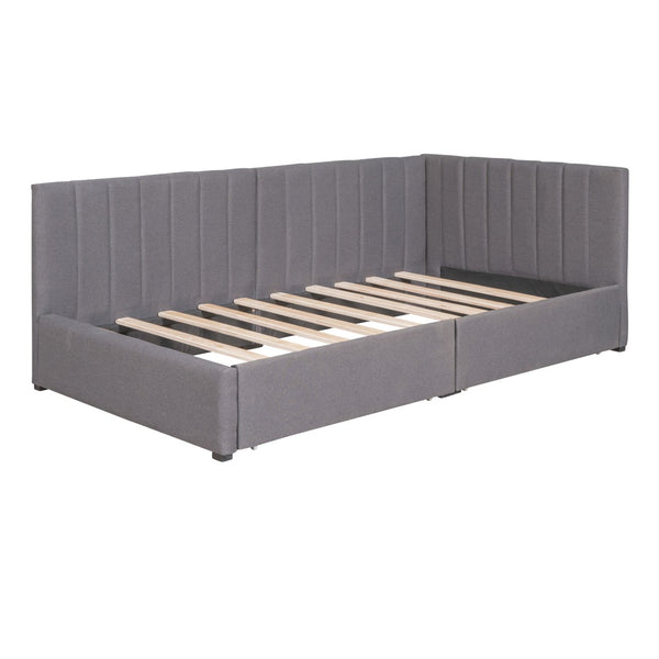 HomeRoots Gray Tufted Linen Day Bed with Storage Drawers - Elegant Twin Bed & Versatile Seating Solution 663625