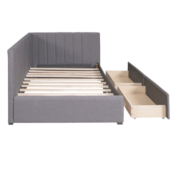 HomeRoots Gray Tufted Linen Day Bed with Storage Drawers - Elegant Twin Bed & Versatile Seating Solution 663625