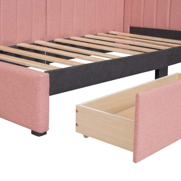 HomeRoots Pink Tufted Linen Day Bed with Storage Drawers – Stylish, Versatile & Comfortable Twin Size Solution 663627