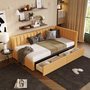 HomeRoots Yellow Tufted Linen Day Bed with Storage Drawers - Stylish Twin Sofa Bed for Modern Spaces 663629