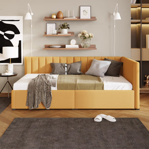 HomeRoots Yellow Tufted Linen Day Bed with Storage Drawers - Stylish Twin Sofa Bed for Modern Spaces 663629